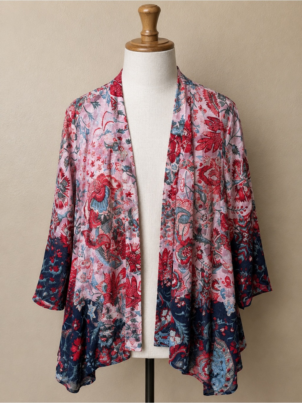 Jorja Women’s Floral Kimono Cardigan Size L Pink Red Blue Open Front Boho Duster